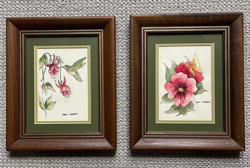 Cottage Core Hummingbird Floral Original Watercolor Paintings Laurel Lamborde Signed Framed OOAK