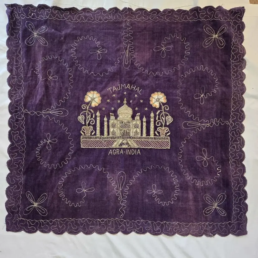 Taj Mahal Souvenir Embroidered Table Cover 33¼" Tall × 35¼" Wide Vintage with Condition Issues