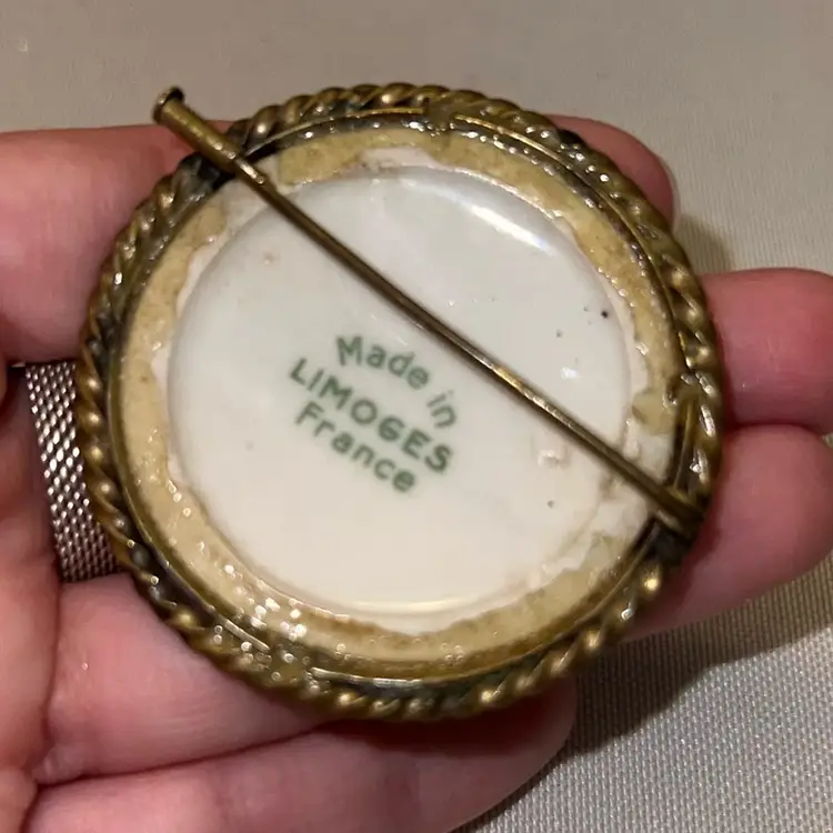 Antique Limoges Handpainted Porcelain Floral Brooch Gold Plated Brass 2”