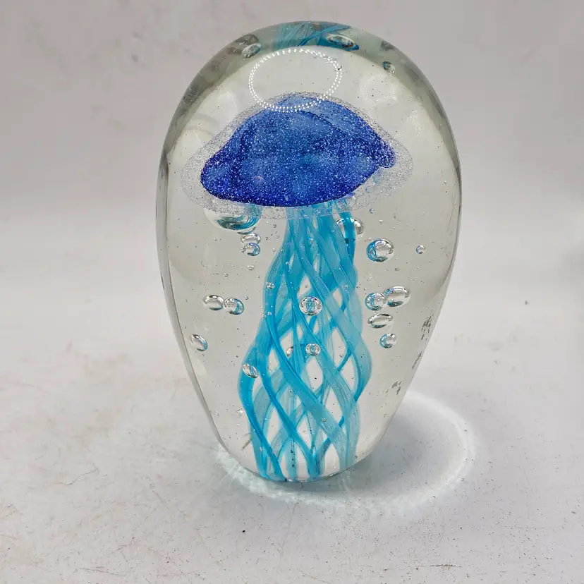 Jellyfish glass Paperweight 4.5" clear with blue design