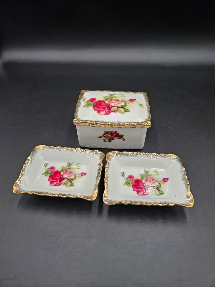 L&M Inc Rectangle Porcelain Floral Trinket Box and 2 Dishes