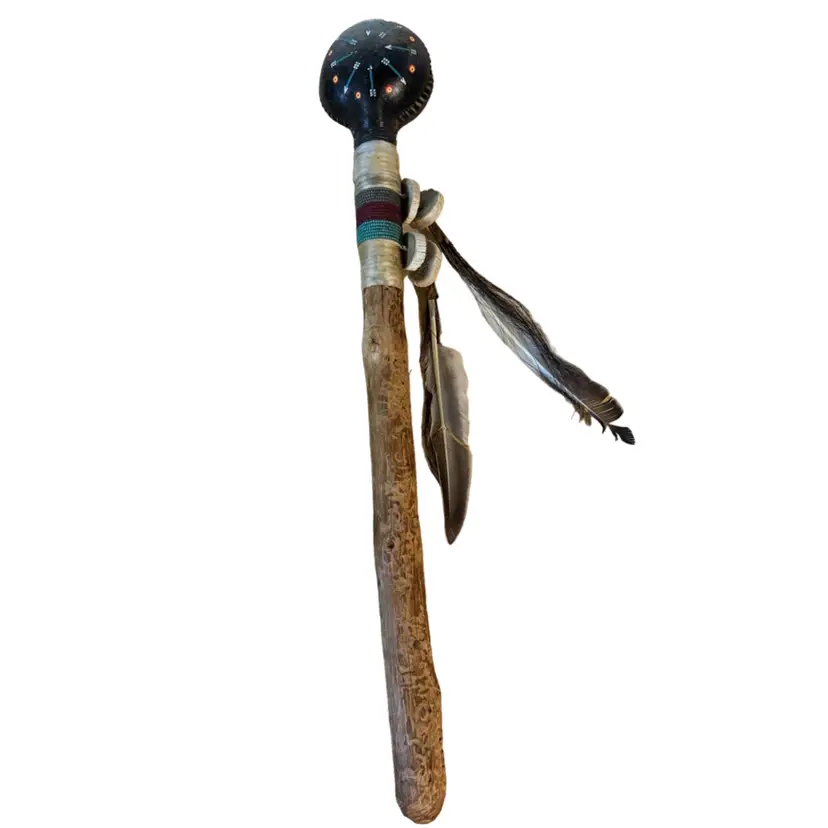 New Navajo Hand Painted Ceremonial Rawhide Rattle Dancing Sky 10"