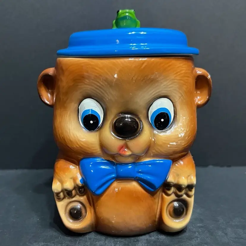 MARKDOWN! Vintage Big Eyed Bear, Blue Bow Tie, Blue Hat With Green Frog On Top, Cookie Jar Made In Japan (#2)