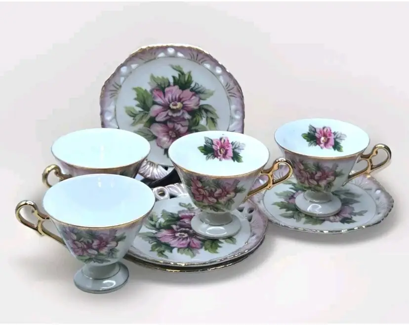 1960s LEFTON Japan S/4 Hand Painted Floral Footed Cup/Reticulated Saucer 801 EUC