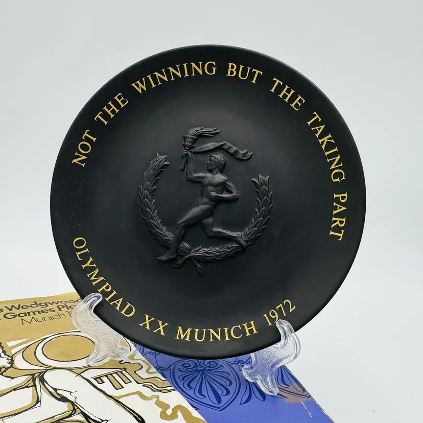 Wedgewood Plate Black Basalt Gold Trim 6.5” 1972 Munich Olympics Vintage