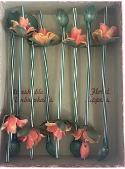 Vintage Set of 8 Swizzle Sticks Straw/Spoon Floral Flowers Original Box