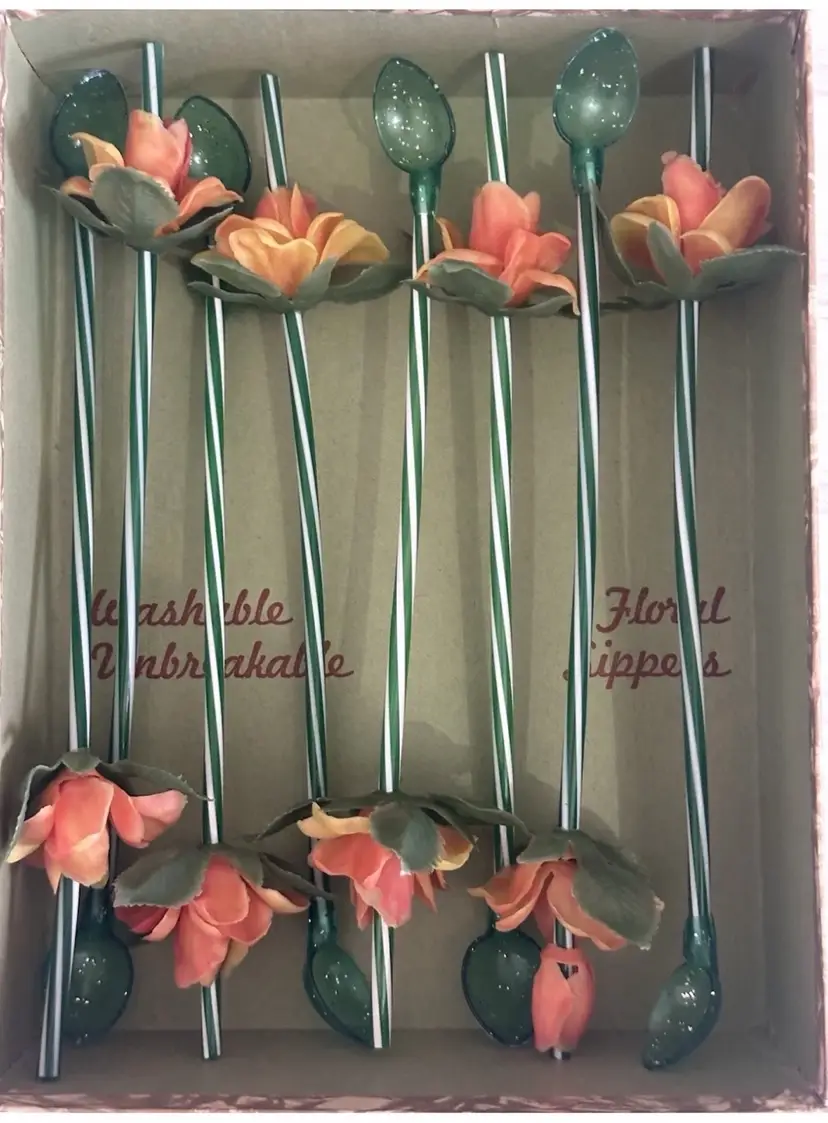 Vintage Set of 8 Swizzle Sticks Straw/Spoon Floral Flowers Original Box