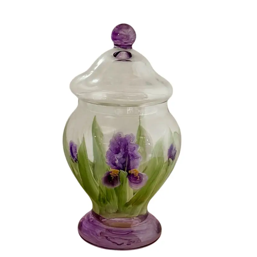Vintage Pedestal Apothecary Candy Jar  Clear Glass With Hand Painted Purple Iris Flowers 
7-3/8” T x 3-3/4” W