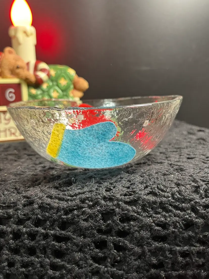 Asymmetrical Glass Bowl w/ Painted white Polka Dots & Mittens!