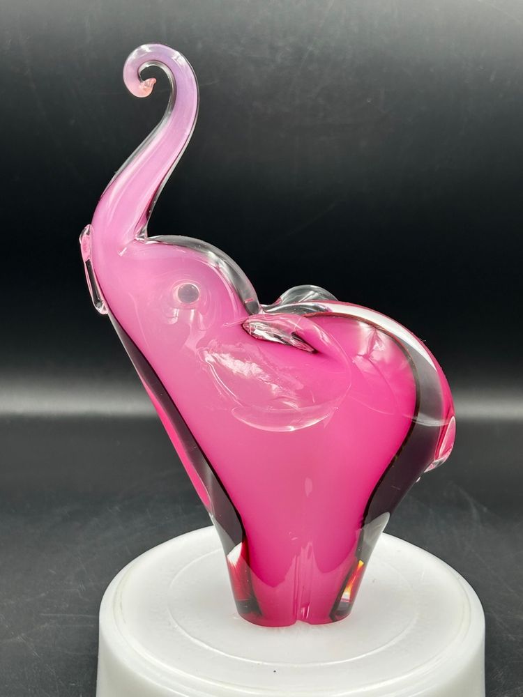 Pink Cased Art Glass Clear Base Elephant Paperweight/Figurine, Unsigned
