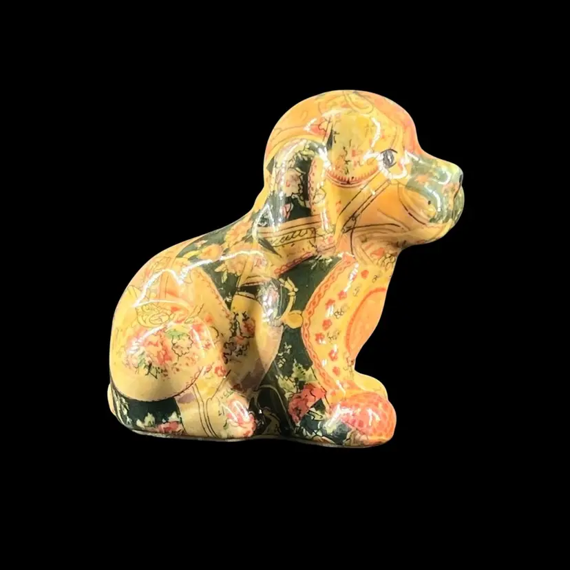 Vintage Puppy Dog Figurine “Porcelain Patchwork” Floral Decoupage Joan Baker Designs