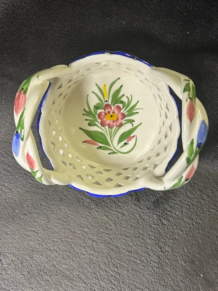 Vintage RCCL Portugal Ceramic Hand Painted Basket with Braided Handles
