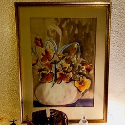 Vintage 1937 Still Life Water Color Hand Paint Signed: NJohnson Vase Flowers Autumn Colors Framed Painted Wood 16” x 12”