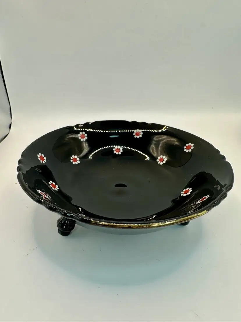 Vintage  Black Glass Bowl 3 Footed  Hand Painted Flowers Daisy