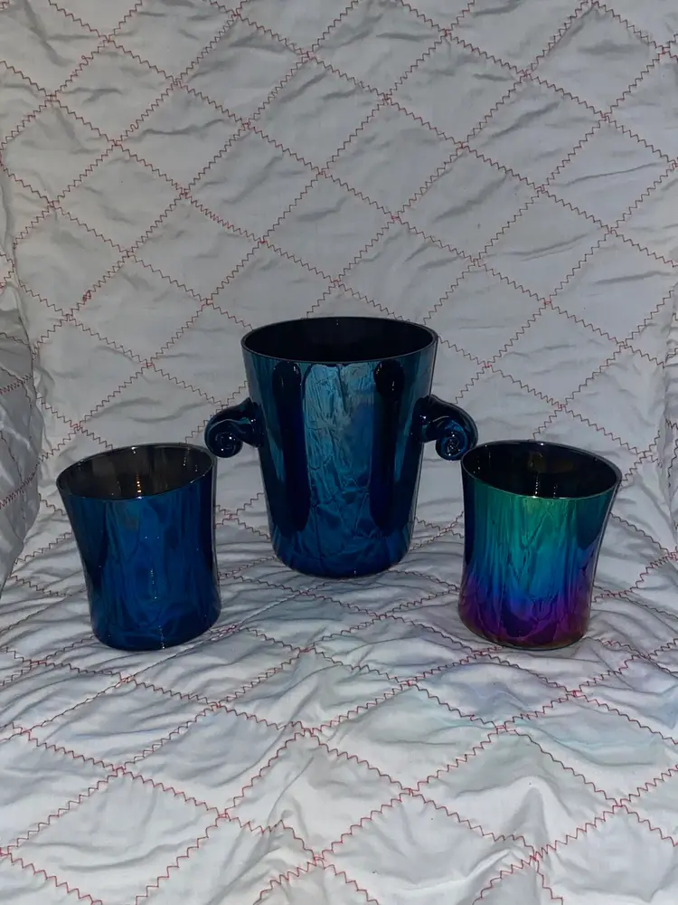 Vintage Slovakia Blue Irredescent Ice Bucket and 2 Glasses Estate Sale Find