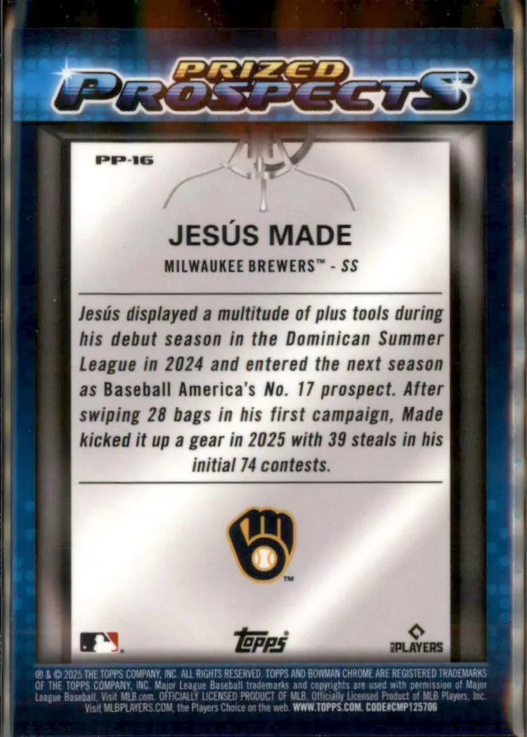 2025 Bowman Draft #PP-16 Jesús Made Prized Prospects - (138) - Milwaukee Brewers