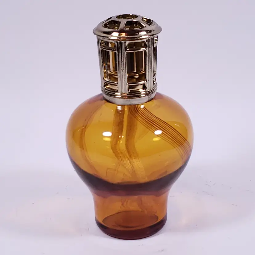 Art Deco Amber Dark Swirl Bands Hand Blown ART GLASS CATALYTIC OIL BURNER LAMP