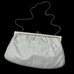 Etra- Creamy White Leather Clutch/Purse/Handbag- Vintage- 9” W, 5.5” Tall- Gold Tone Chain & Kisslock Closure- Etched Design Metal Trim