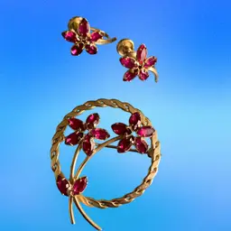 Vintage A &Z Crystal Flower Brooch With Matching Earrings