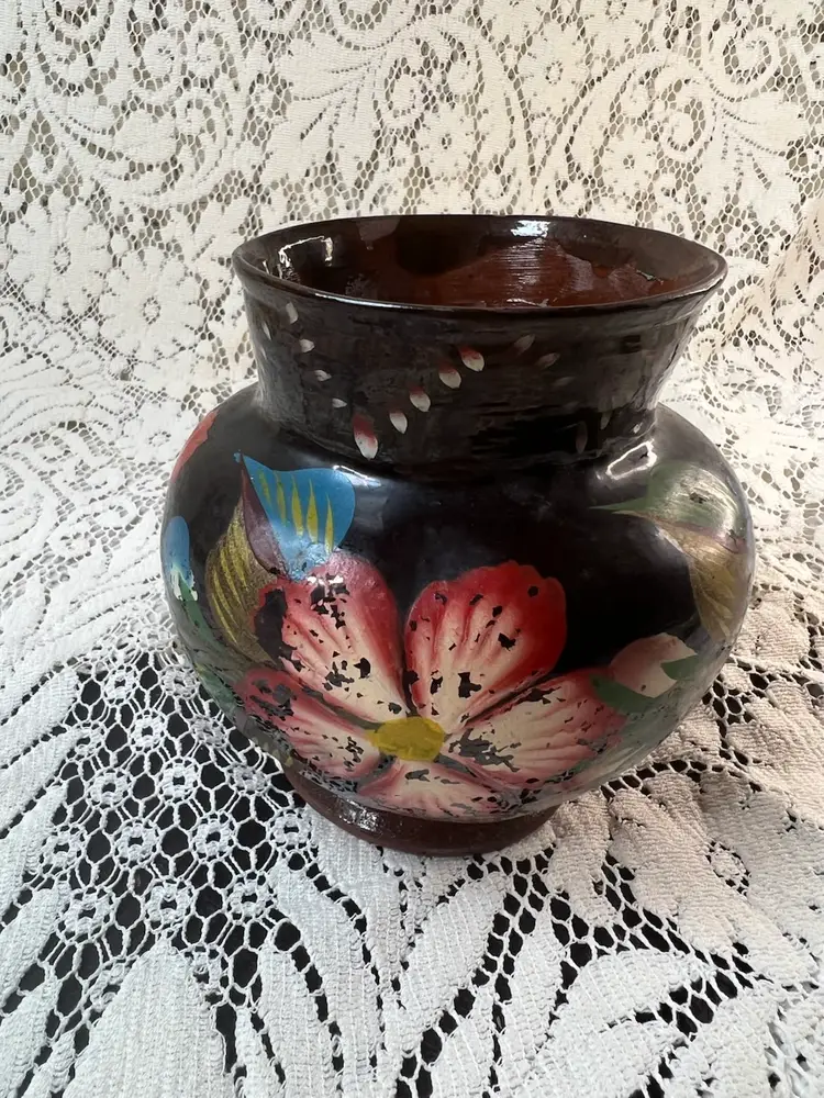026 Hand Painted Southwestern/Mexican Red Wear Floral Pitcher/Vessel 5.75" X 6"