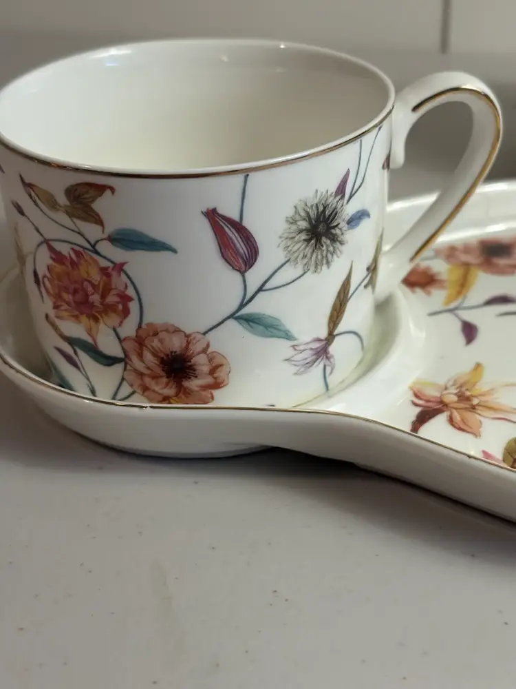 Two Grace Teaware Fine China Teacups Matching Snack Plate Floral & Hummingbirds