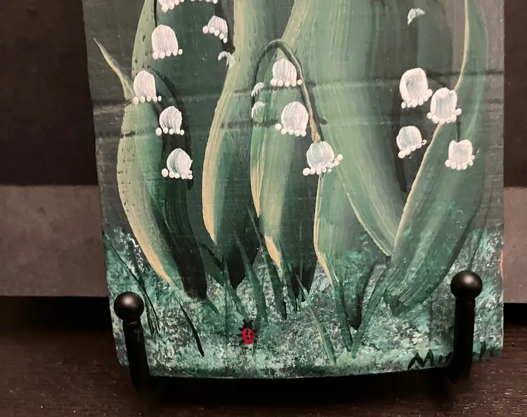 Original Painting on Wood Purple Iris Ladybug Signed