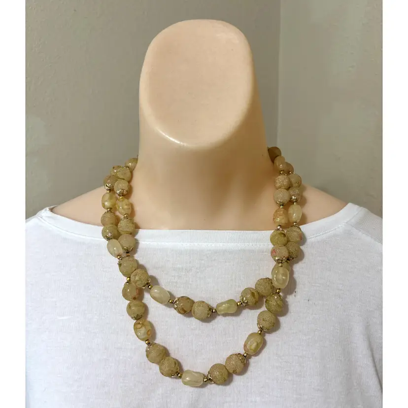 Double Strand Textured Bead Necklace Made Hong Kong Mid Century Chic Vintage