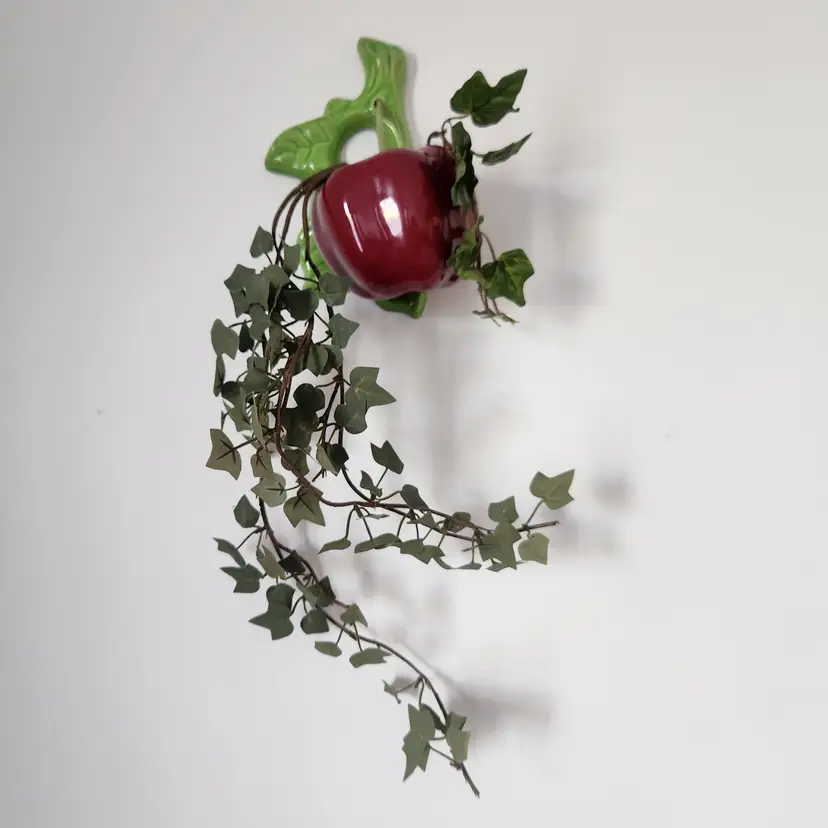Fruit Wall Pocket Vase Red Cherry on Leaf 3-D Vintage Planter Gallery Hanging Pen Holder Kitschy Kitchen Decor