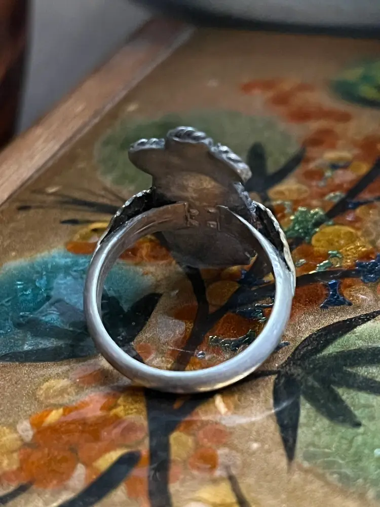 Vintage Sterling Silver Rope Feather Leaf Southwestern Oval Turquoise Ring Sz 7