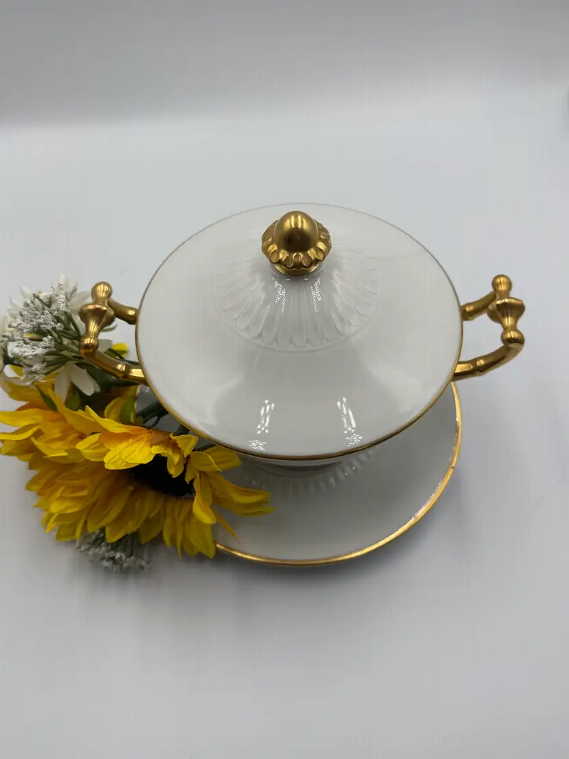 Antique Limoges Tureen center piece porcelain white with gold trim handels. French elegance