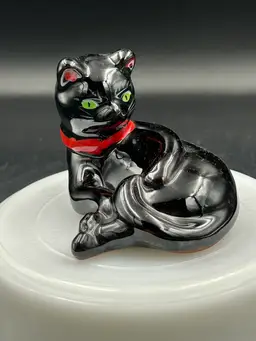 Vintage Redware, Japan Black Cat With Red Bow And Green Eyes Figurine