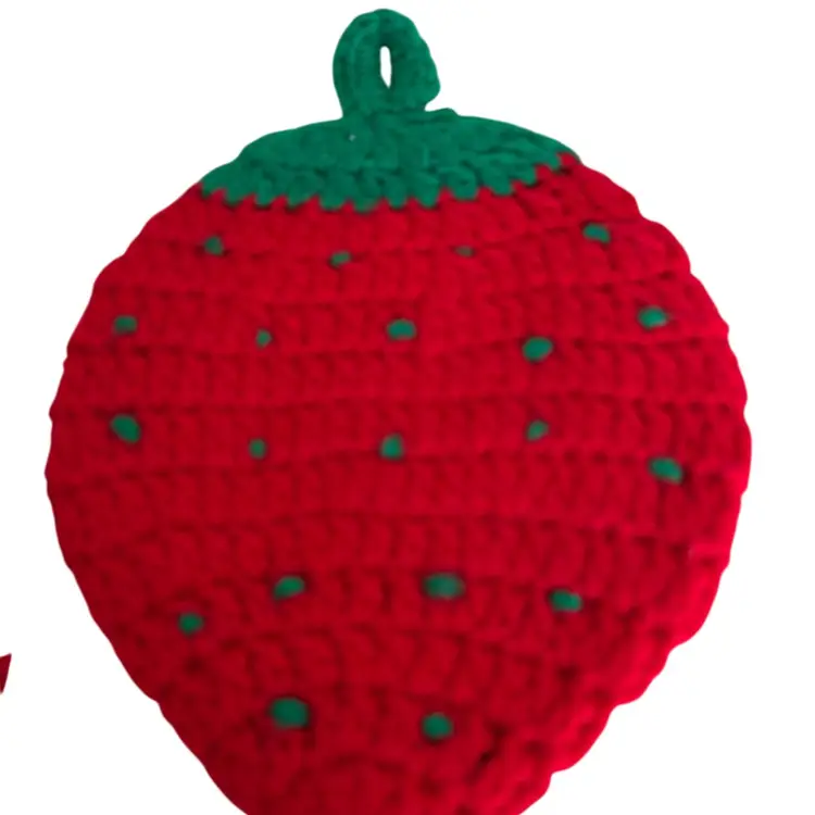 Pair Of Handmade Strawberry Pot Holder Knitted @7x5 1/2 Great Condition