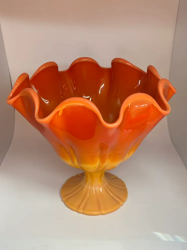 L.E. Smith Bittersweet Orange Slag Glass Compote, 7 Tall, 7.75 Wide