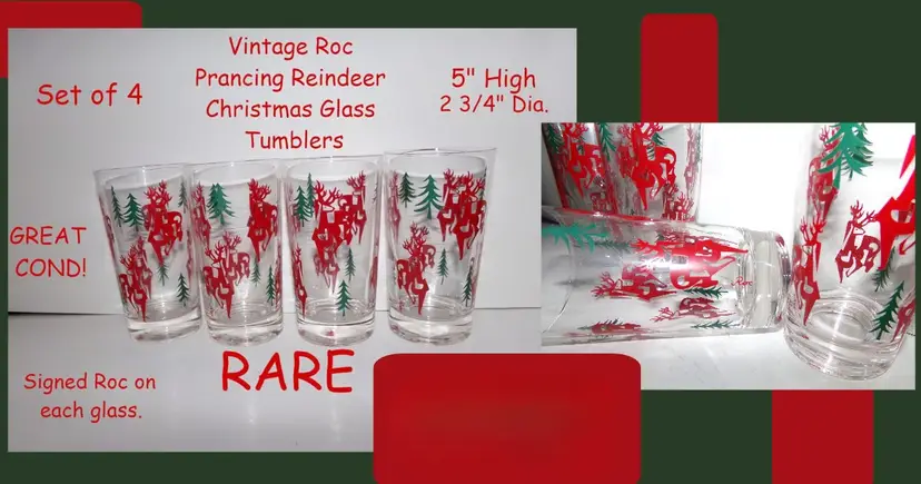Vintage VERY RARE Set of 4,Signed ROC, Prancing Reindeer Tumbler Christmas Glasses