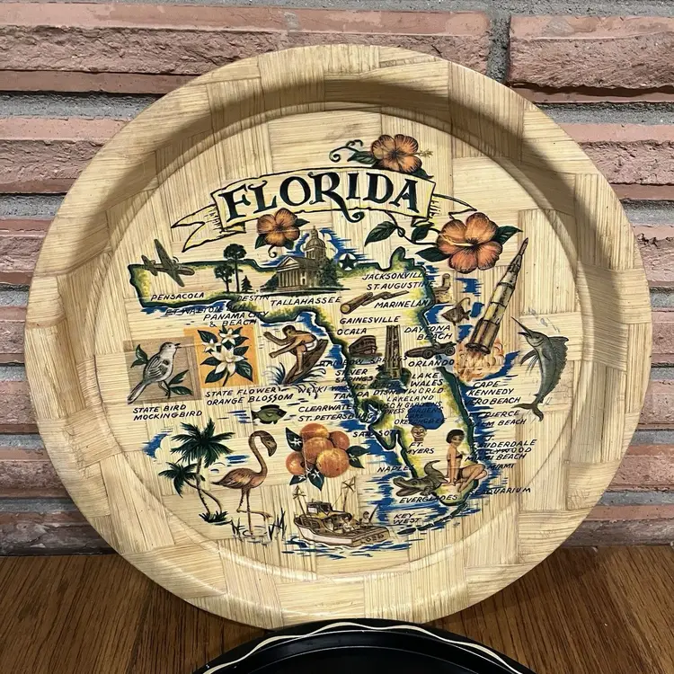 Vintage Lot Of 2 Florida State Souvenir Trays Bamboo & Metal Burger