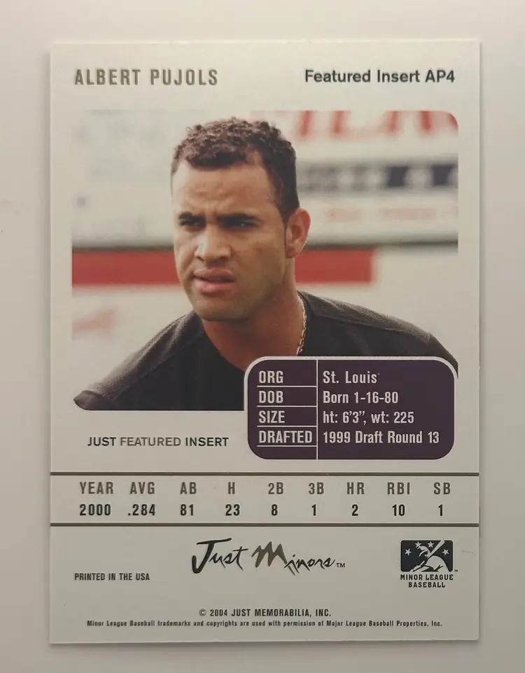 Albert Pujols Just Memorabilia (2004) Featured Rookie Potomac Cannons
