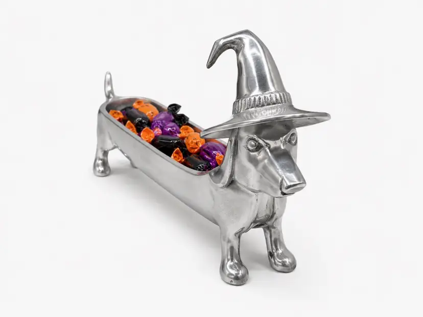 Broomstick Blvd cast aluminum Dachshund dog Halloween candy dish
