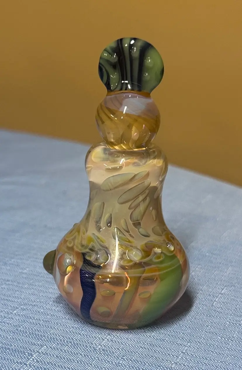 Perfume bottle art glass iridescent and latticino swirls w/ stopper applicator