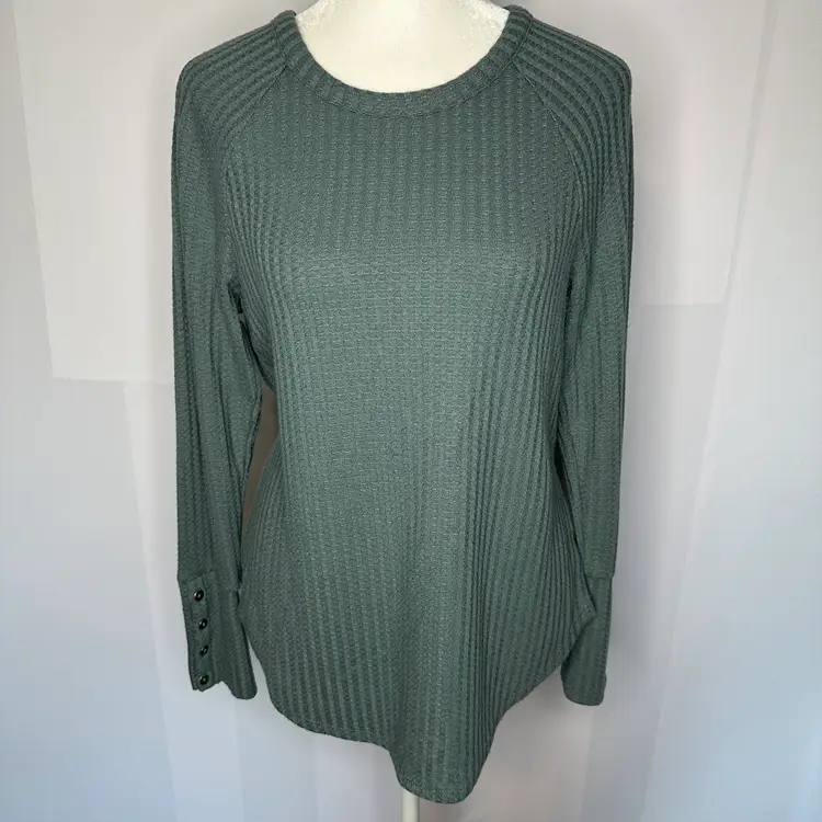 Chaser Teal Blue Thermal Waffle Knit Henley Pullover Crew Small