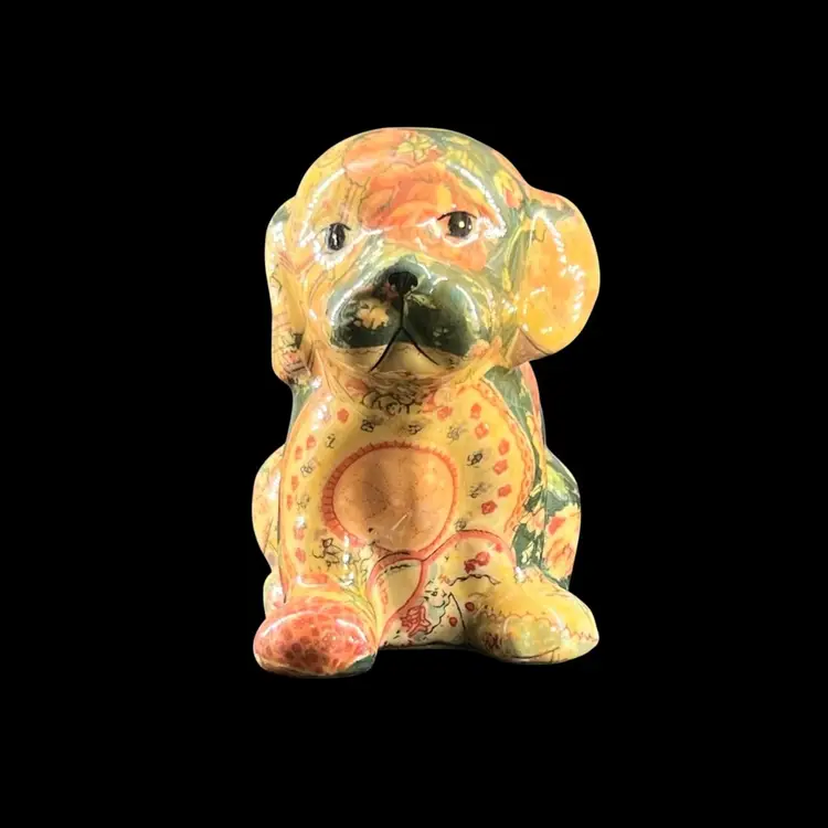 Vintage Puppy Dog Figurine “Porcelain Patchwork” Floral Decoupage Joan Baker Designs