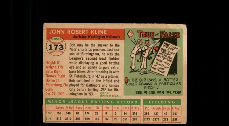 1955 Topps #173 Bob Kline - (pk-tl1) - Washington Senators
