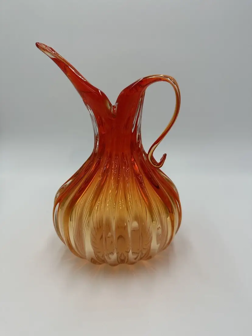 Murano Pitcher Italy Art Glass Vase Vintage Hand Blown Orange Amber Home Decor