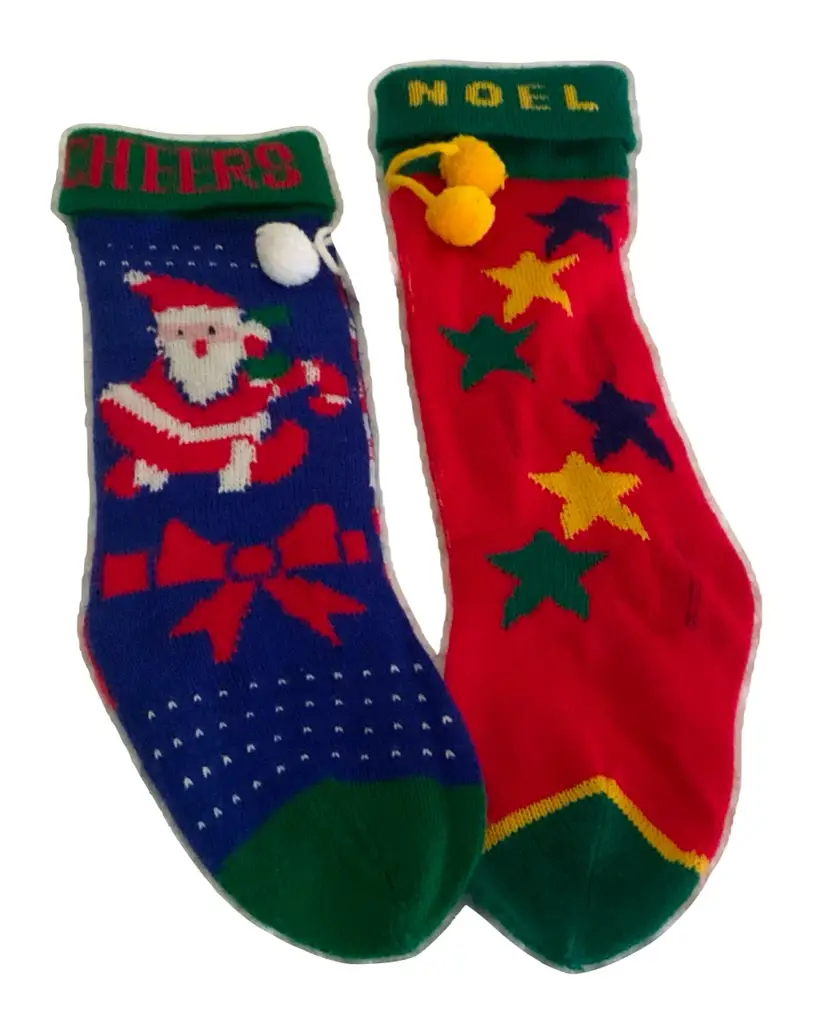 Two Vintage Stockings The Red Stocking Glows Under UV Light