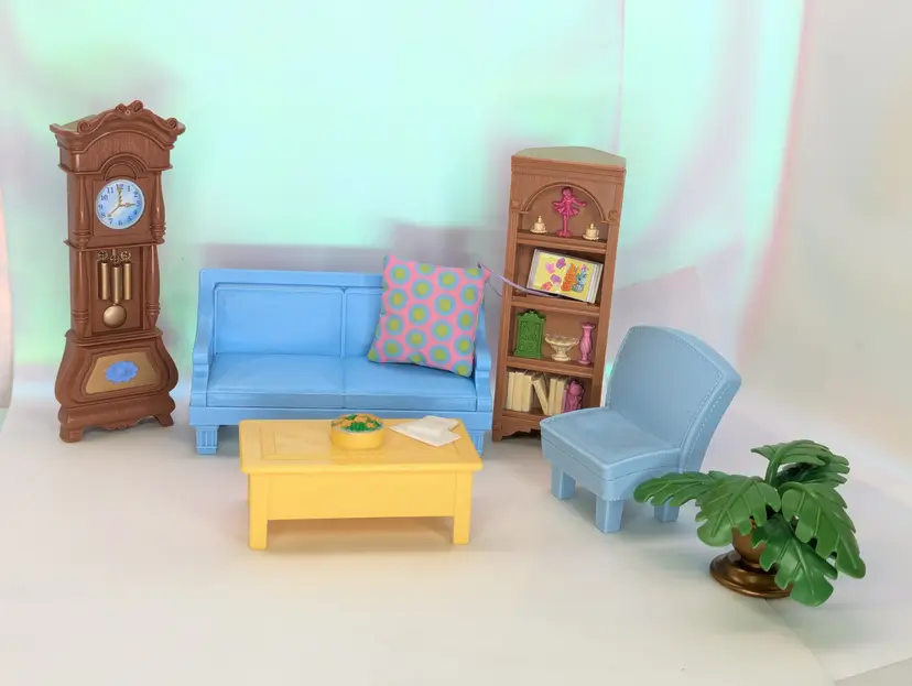 Fisher Price Loving Family Dollhouse Living Room Furniture set - blue Sofa, chair, endtable grandfather Clock bookshelf plant
