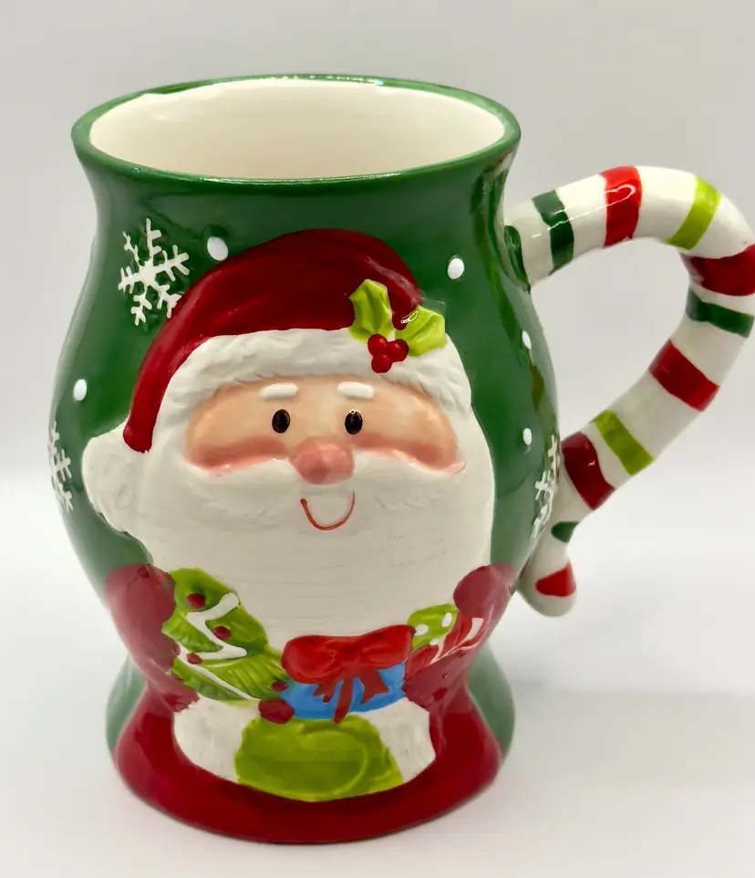 Festive Santa Claus Ceramic Coffee Mug Candy Cane Handle, Christmas Holiday Decor, Unbranded