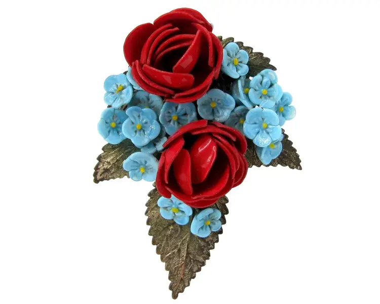 Vintage Early MIRIAM HASKELL Red Rose & Blue Floral Dress Clip Pin