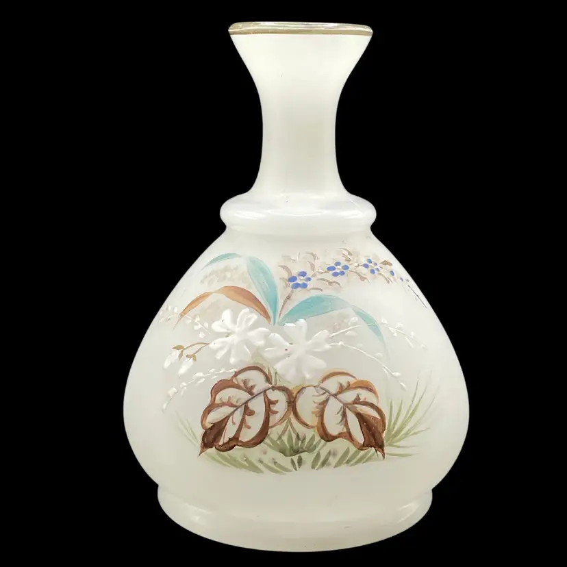 Vintage White Glass Vase Enamel Painted Floral Design Gilt Rim Signed 4.5" Tall