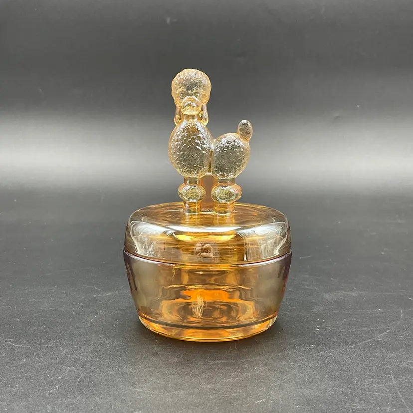 Jeanette Glass Poodle Dog Marigold Iridescent Glass Lidded Powder Vanity Jar