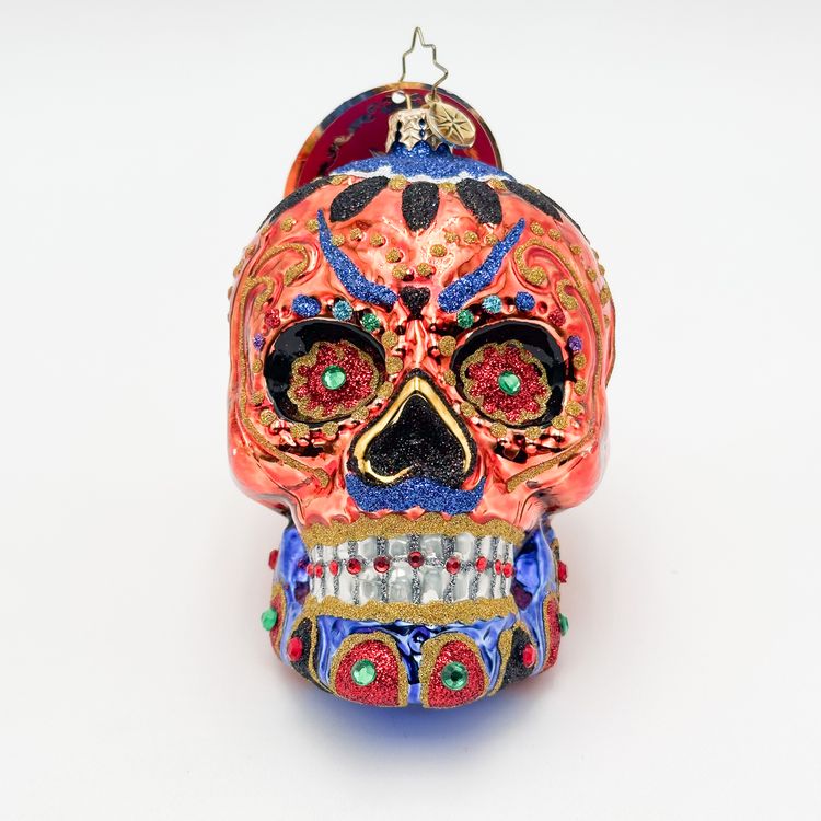Christopher Radko Colorful Calavera 2019 Christmas Ornament Glass Sugar Skull 4.25"H 3.5"W
