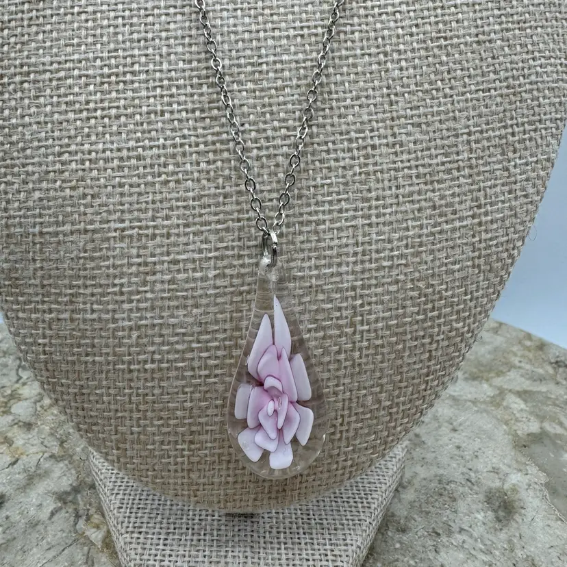 Dainty Art Glass Pendant Necklace On A Sliver Tone Chain
